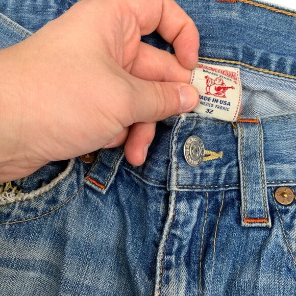 VINTAGE True Religion Jeans Size 32 STRAIGHT Trashed Rope Stitch Horseshoe - Picture 2 of 9